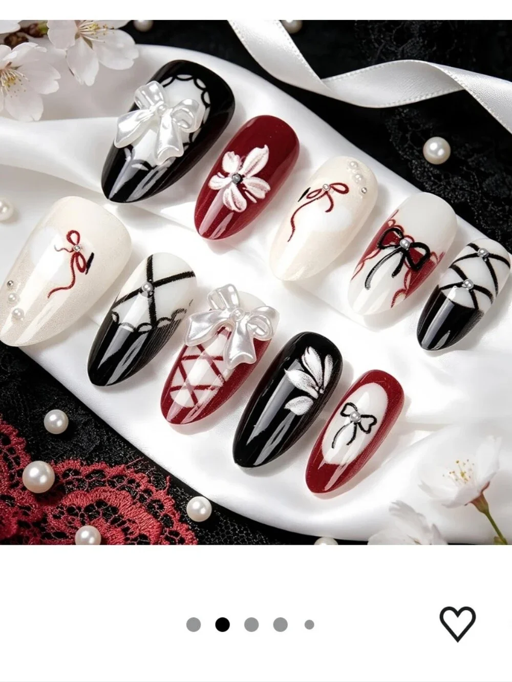 30pcs Y2k Bow Handmade Black Red Press on Nails Medium Almond